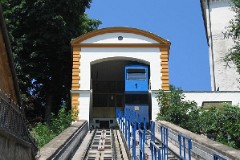Zagreb, 1. July 2004.  In operation since 1893. Length of track 66 meter, height difference 30,5 meter which makes an inclination at 52%.Until 1934 the funicular was driven by steam engines.
